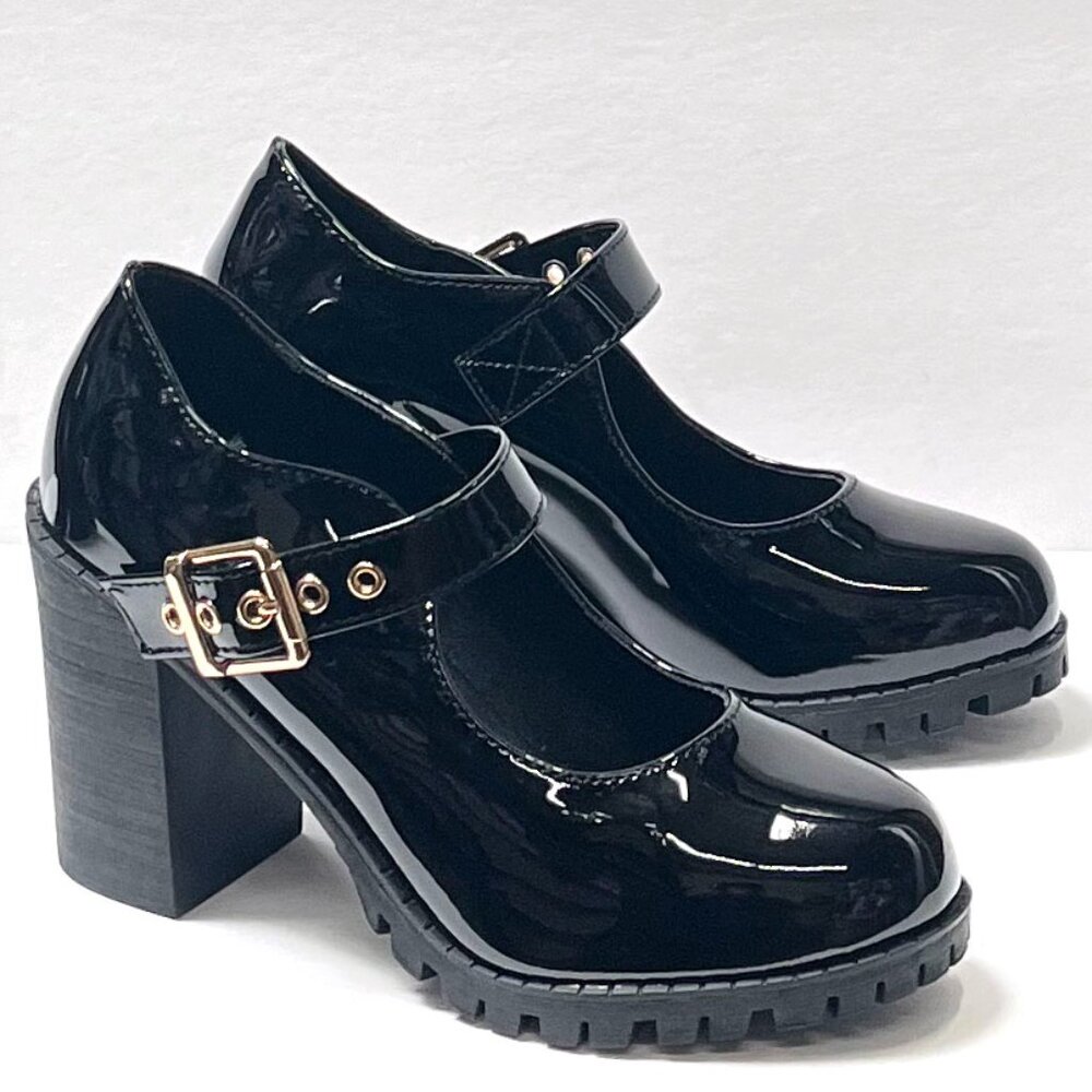 New Womens Black Mary Jane Platform Mary Jane Ballet Flats Heel Pumps